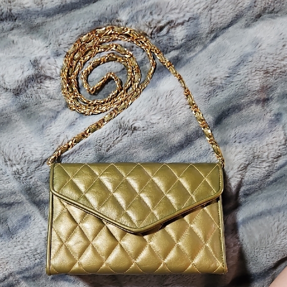 LISETTE Bronze Quilted Clutch with Chain Strap - Picture 1 of 13